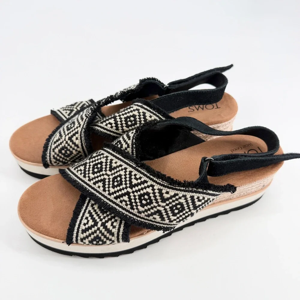TOMS Monica Black White Geometric Woven Espadrille Platform Wedge Sandals 11